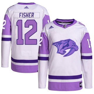 Men's Mike Fisher Nashville Predators Adidas Hockey Fights Cancer Primegreen Jersey - Authentic White/Purple