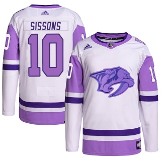 Youth Colton Sissons Nashville Predators Adidas Hockey Fights Cancer Primegreen Jersey - Authentic White/Purple